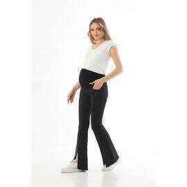 Maternity Flexible Belly Banded Front Slit Flare Leg Jeans Black