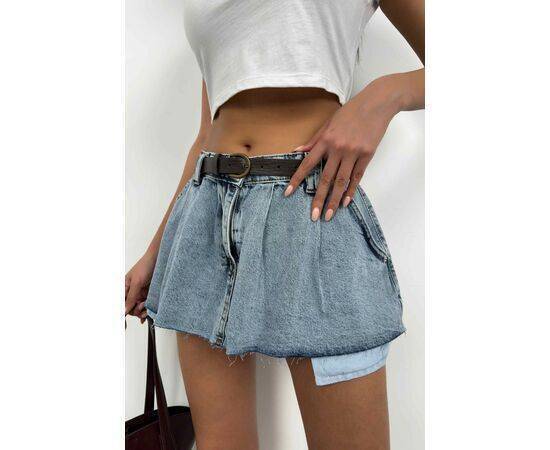 Women's Belted Pleated Mini Denim Skirt