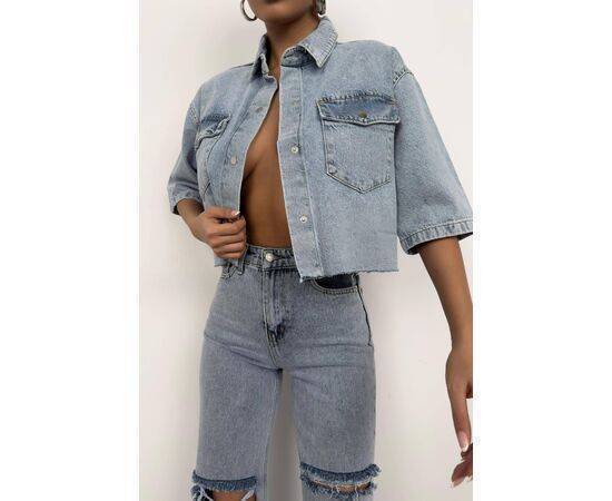 Women's Half Sleeve Crop Denim Shirt