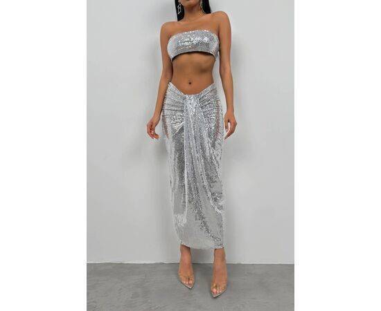 Women's Sequined Strapless Crop Top & Skirt Set