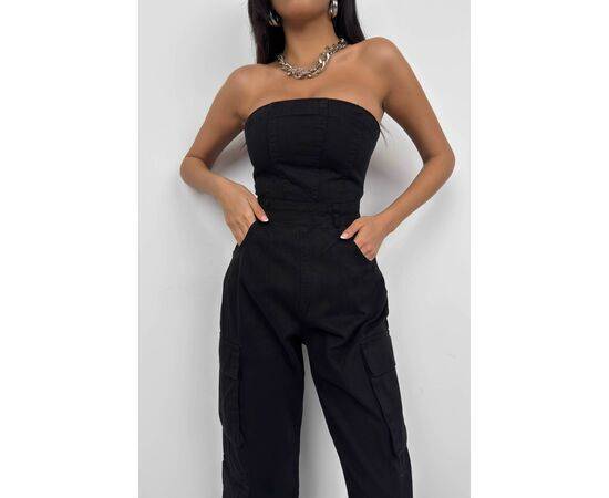 Women's Strapless Denim Jumpsuit with Cargo Pocket